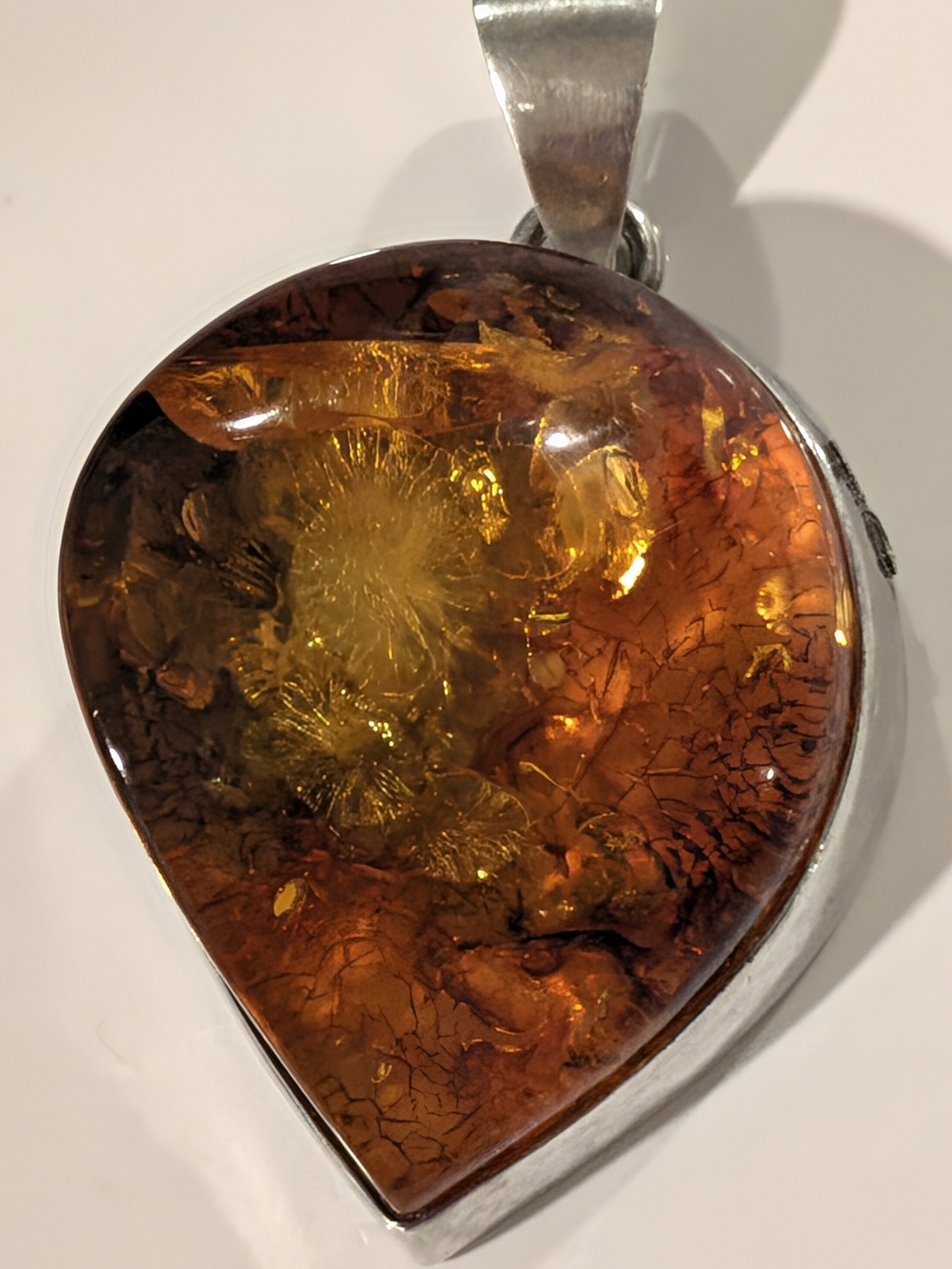 Vintage Sterling Silver REAL Amber Teardrop Pendant - Warm Honey Brown Amazing